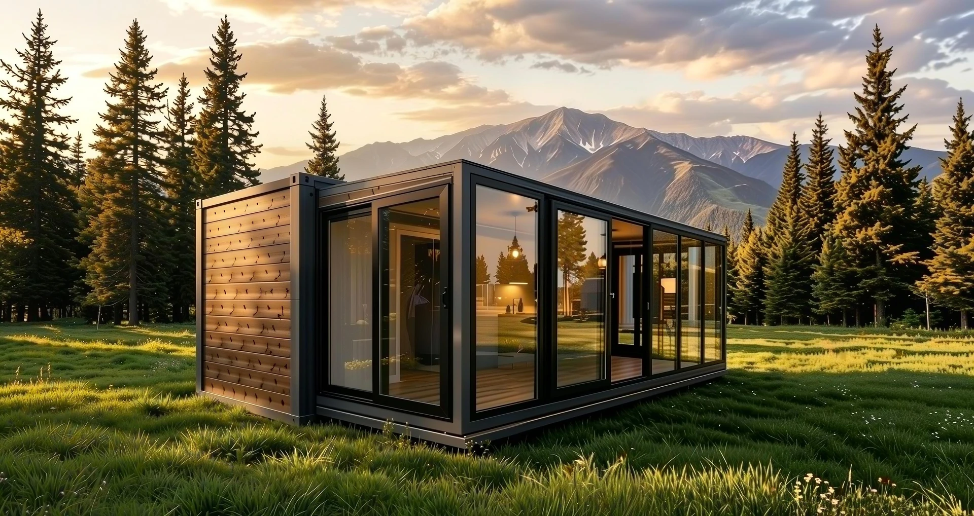 A timber and glass modular home framed by mountain scenery